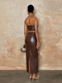 SHEIN BAE Váy bút chì và áo xếp nếp màu trơn dành cho nữ - màu nâu - Xem 2