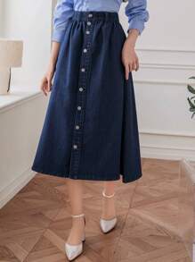 DAZY Women's Denim A-Line Riveted Button Skirt Jeans Skirt - Dark Wash - View 4