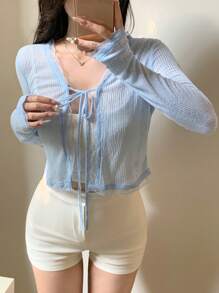 DAZY Women's Lace Splice Drawstring Tie Cuff Blouse Long Sleeve Women Tops,Fall Women Clothes