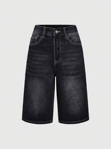 ROMWE Grunge Punk Women's Punk Street Style Tokyo Street Fashion Culture Oversized Embroidered & Rhinestone Decorated Denim Shorts - Black - View 2