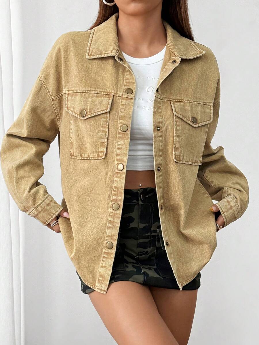 SHEIN EZwear Women's Spring And Autumn Khaki Distressed Textured Jacket, Casual Clothes