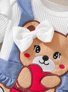 SHEIN 3 chiếc áo tay xếp nếp cổ tròn cho bé gái, váy treo thêu gấu và bộ băng đô - Màu xanh lam - Xem 4