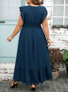 SHEIN Clasi Plus Size Solid V-Neck Ruched Ruffle Hem Minimalist Dress, Casual Holiday - Teal Blue - View 2