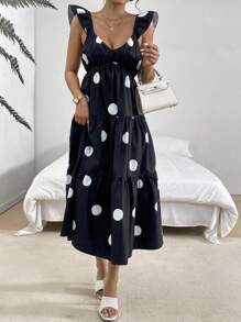 SHEIN Essnce 宽松波点蝴蝶袖中长款细肩带连衣裙，藏青色V领波点细肩带连衣裙，适合夏春两季，女装
