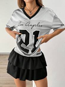 Flirla Camiseta gráfica de verano con jersey deportivo de malla relajado y contrastado, con estampado numérico vintage americano para mujeres - Gris - Ver 3