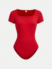 SHEIN Girlism 2 cái/bộ Áo liền quần ngắn tay dệt kim cổ tròn vừa vặn cho các cô gái tuổi teen - Đỏ - Xem 8