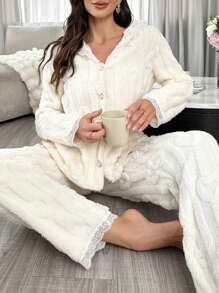 Women's Lace Fleece V-Neck Long Sleeve Top And Straight Casual Pants Pajama Set