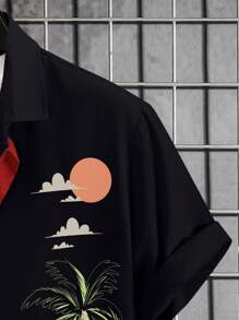 Manfinity Homme 男士彩色印花纽扣短袖衬衫 - 黑色 - 查看 5