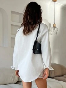 Aloruh Women's Casual Loose Contrast Color Solid Collar Long Sleeve Open Front Washed Cotton Denim Shirt White Regular Jacket For Fall And Winter