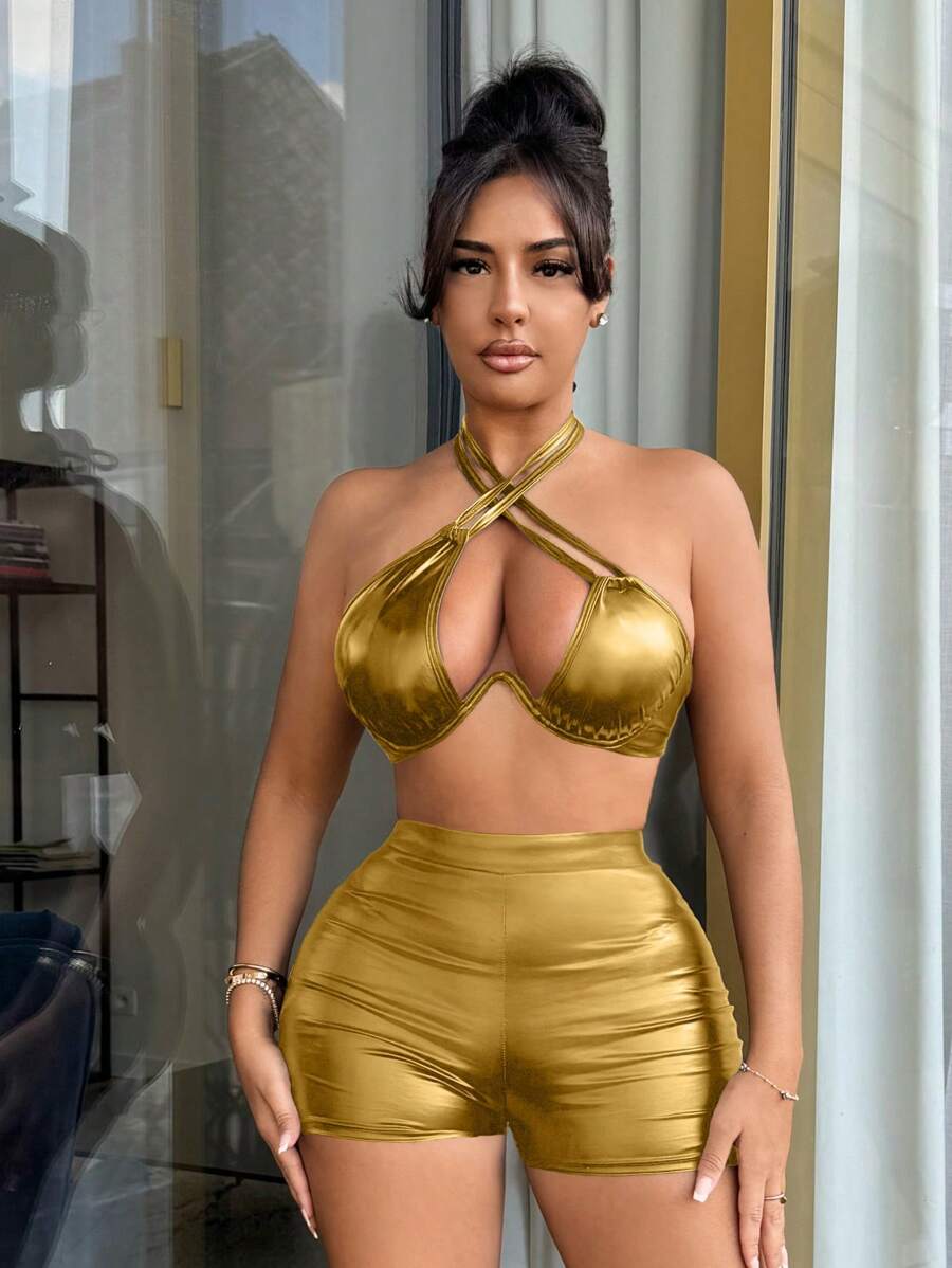 SHEIN SXY Women's Sexy Criss-Cross Halter Top And Fitted Shorts 2-Piece Set, Summer Fall Clothes Women - Gold - View 1