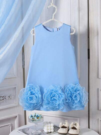 SHEIN Glamorique Kids 1 件装年轻女孩优雅婚礼伴娘花童礼服带大花朵蝴蝶结，无袖缎面礼服，适合夏季婚礼、派对、表演