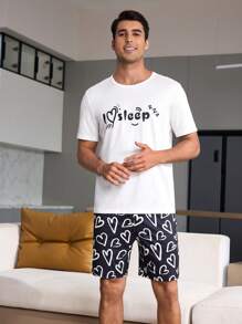 男士心形与字母印花短袖上衣和休闲短裤睡衣套装 - 彩色 - 查看 5