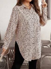 SHEIN LUNE 冬季服装加大码纯色花卉纽扣圆下摆衬衫 - 彩色 - 查看 3