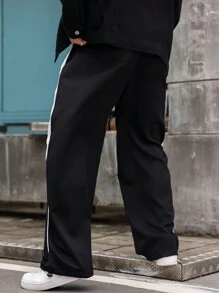 Manfinity Homme Men's Plus Size Color-Block Simple Daily Wear Straight Pants, Street Wear Long Plain Black Pants, For Husband, Boyfriend Gifts