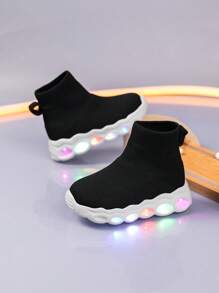 儿童春秋 LED 发光运动鞋，男童中帮纯色一脚蹬鞋，轻便透气柔软弹性鞋面，易于穿脱，适合日常休闲和运动穿着 - 黑色 - 查看 5