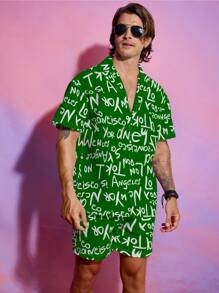Manfinity Men's Floral Print Front Open Shirt And Drawstring Pocket Casual Shorts 2 Pieces Beach Outfit