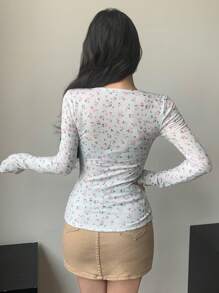 DAZY Áo thun nữ cổ tròn tay dài in họa tiết hoa mùa xuân và mùa hè, quần áo nữ mùa thu, áo thun họa tiết - trắng - Xem 5