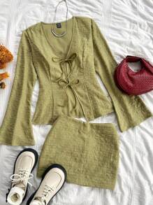 Soleia 度假女士休闲绿色皱褶纹理系带上衣和皱褶纹理 A 字裙 - 綠色 - 查看 5