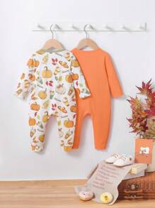 SHEIN 2 piezas Enterizo de bebé niño estilo campestre cómodo y versátil con estampado de calabaza con cremallera, adecuado para Halloween, otoño e invierno, para fiesta de Halloween - Multicolor - Ver 2