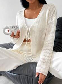 SHEIN LUNE Áo Cardigan buộc nơ phía trước dạng rộng trong suốt dành cho nữ, áo dài tay - trắng - Xem 4
