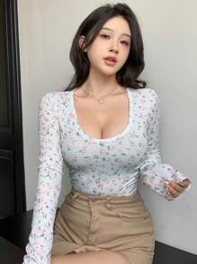 DAZY Áo thun nữ cổ tròn tay dài in họa tiết hoa mùa xuân và mùa hè, quần áo nữ mùa thu, áo thun họa tiết - trắng - Xem 4