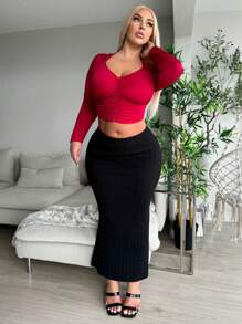 SHEIN SXY Plus Size Casual Mid-Waist Knitted Sweater Skirt , Spring/Autumn , Black