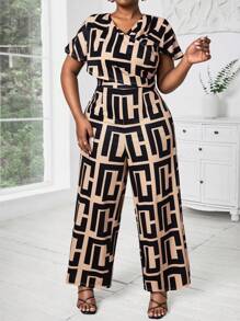 SHEIN Lady 大码女式优雅休闲通勤几何印花连体裤秋季女装连体裤商务休闲女式连体裤 - 彩色 - 查看 3