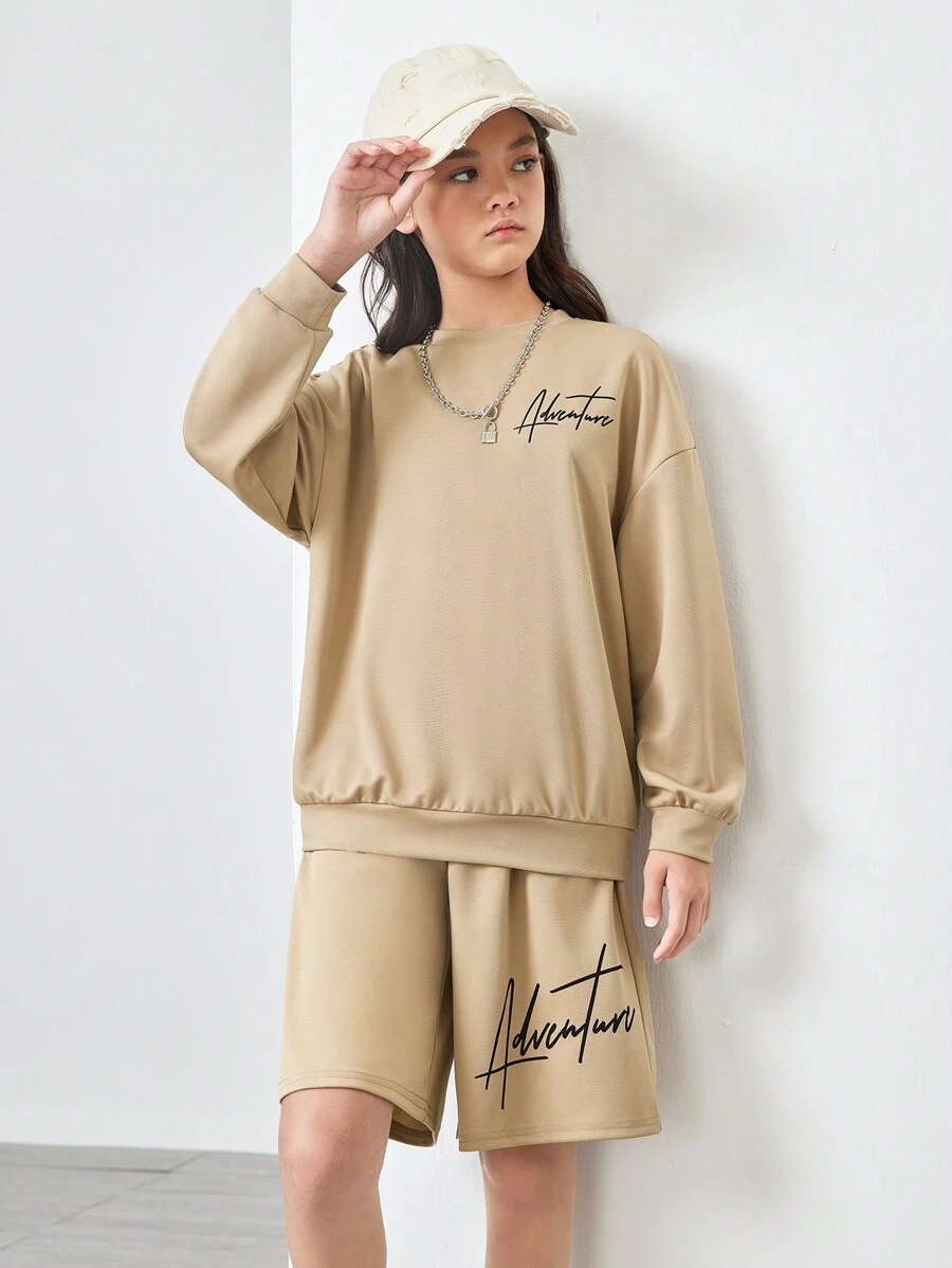 SHEIN 2pcs/Set Tween Girls' Loose Casual Handwritten Text Print Sweatshirt And Wide-Leg Pants Outfit, Early Autumn - Apricot - View 1