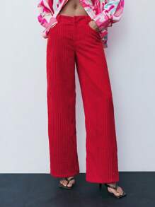 Maija Women's Solid Color Pocketed Casual Straight Leg Pants - Red - View 1