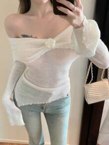 DAZY Women's Asymmetric Off-Shoulder Long Sleeve Floral Pattern Sweater,Fall Clothes Cute Tops - Beige - View 2