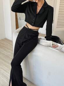 DAZY Conjunto de 2 piezas con blusa de botones con cuello y pantalones para mujer