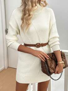 SHEIN Clasi Women's Stand Collar Long Sleeve Fitted Elegant Knit Sweater Dress - White - View 4