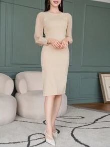 DAZY 女士优雅拼布长袖毛衣裙，适合春秋季节 - 杏色 - 查看 5