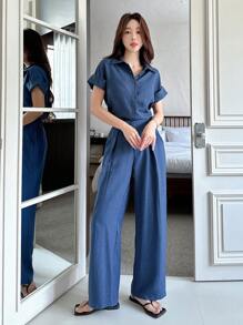 DAZY 2pcs Women Solid Color Blouse And Fashionable Wide Leg Pants Set Lounge Sets For Women Short Sets For Women - Blue - View 3