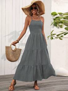 SHEIN Clasi Cross-Strap Backless Spaghetti Strap Dress For Summer Vacation - Grey - View 7