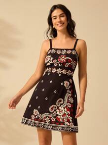 CAJUNI Vestido corto de verano casual de vacaciones bohemio para mujeres con estampado tropical, azalea, girasol en negro sin tirantes