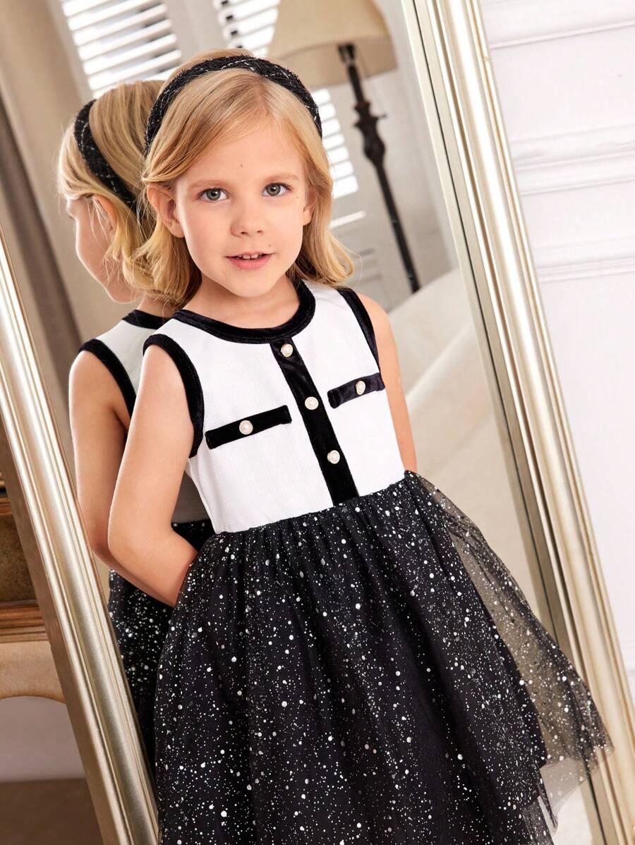 SHEIN Nuevo vestido elegante y lindo de doble capa de malla con lámina de plata sin mangas para fiestas de niñas jóvenes, otoño/invierno - Blanco y Negro - Ver 1