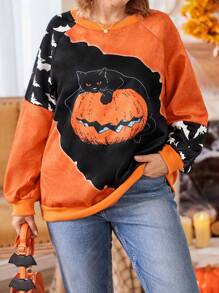 Plus Size Crew Neck Long Sleeve Colorblock Halloween Graphic Loose Pullover Sweatshirt Fall Winter Autumn - Multicolor - View 7