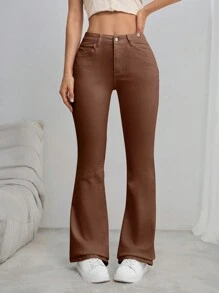 SHEIN Tall جينز ناعم أزرق بسيط يومي للنساء - احمر خشبي - مشاهدة 5