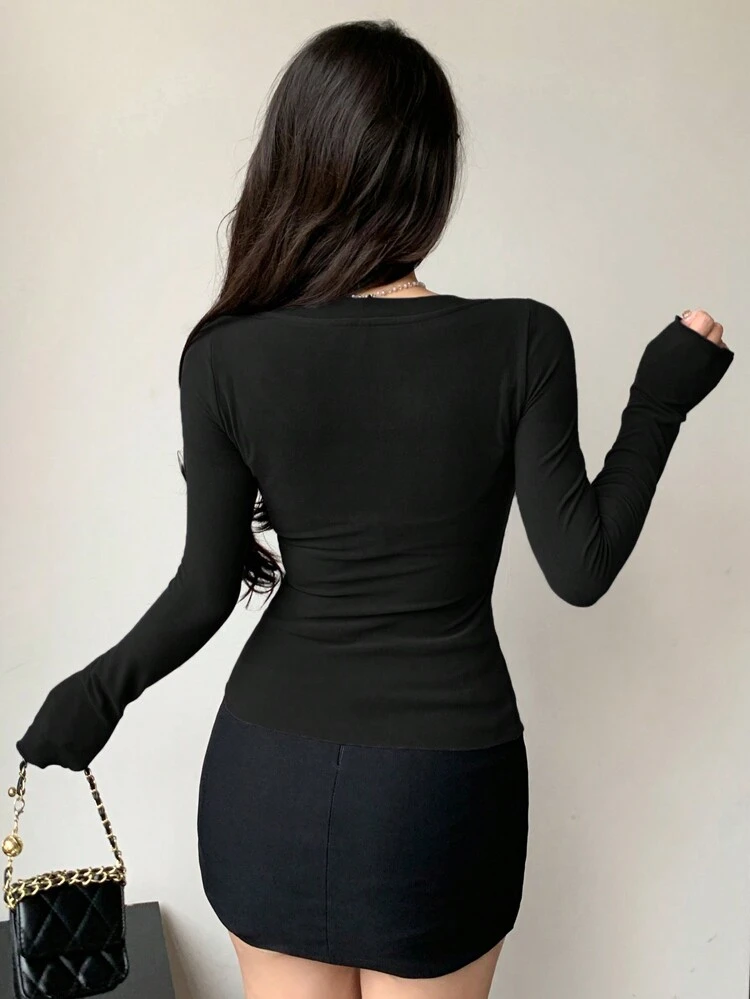 Women's Solid Color Bow Decor V-Neck Long Sleeve Slim Fit T-Shirt, Spring/Summer