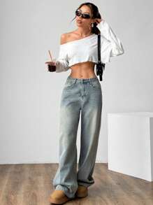 Flirla 纯色性感不对称领口短款长袖衬衫，女士休闲不对称，生菜饰边，罗纹针织落肩不对称领口宽松白色粘胶纯色女士上衣，春季/秋季，休闲日常穿着