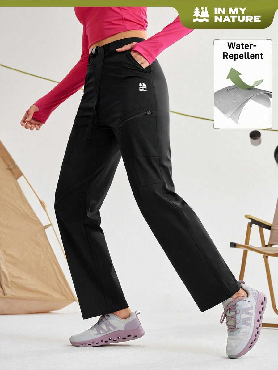 In My Nature Women Letter Printed Pocket Casual Outdoor Pants - Black - View 1