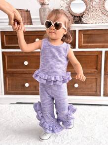 SHEIN 2pcs Baby Girl Ruffle Trim Sports Casual Set, Purple - Multicolor - View 3