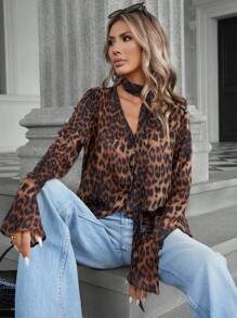 Aveloria Modichic 女士时尚随意豹纹喇叭袖透明衬衫 - 彩色 - 查看 2