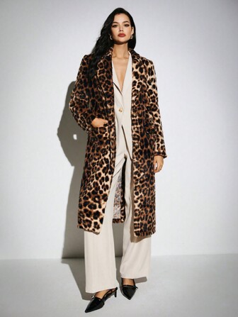 Poéselle Chaqueta de mujer de manga larga con estampado de leopardo, de apertura frontal, suelta y de aspecto esponjoso, abrigo informal. Abrigo exterior grueso de felpa con estampado de leopardo para otoño e invierno, ropa esencial de Mobwife, FW24