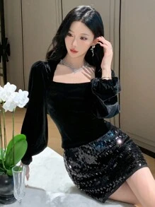 DAZY 女士纯色丝绒方领衬衫，秋季保暖内衬奢华长袖亮片新年嘉年华女装 - 黑色 - 查看 8