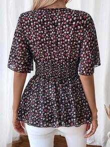 SHEIN LUNE 优雅 V 领碎花褶饰腰部衬衫荷叶边上衣