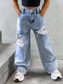 SHEIN Explorewe Young Girl New Casual And Stylish Light Blue Distressed Washed Straight Leg Jeans, School, Campus, College Summer Holiday