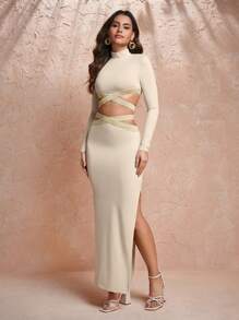 Keraye London Soft Lux Collection 设计师针织高领优雅连衣裙，节日，派对前夜，生日音乐会服装，节日，狂欢服装节日，婚礼，舞会礼服 - 黃色 - 查看 7