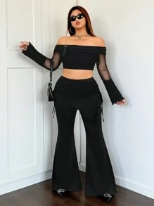 SHEIN ICON ICON Plus Drawstring Side Ruched Flare Leg Pants - Black - View 6